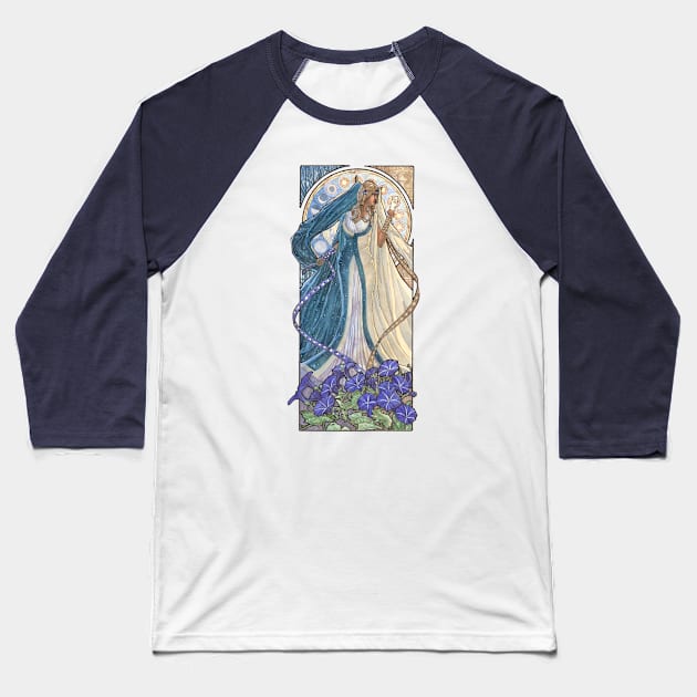 Lady of September with Sapphire and Morning Glories Celestial Moon and Sun Goddess Mucha Inspired Birthstone Series Baseball T-Shirt by angelasasser